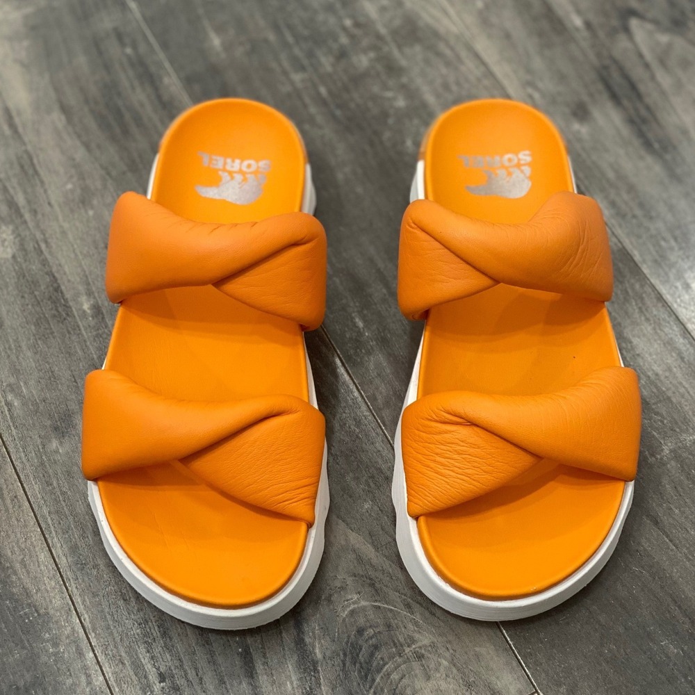 Sorel Viibe Twist Orange Leather Puffy Platform Slide Sandals Womens 8.5 Comfort